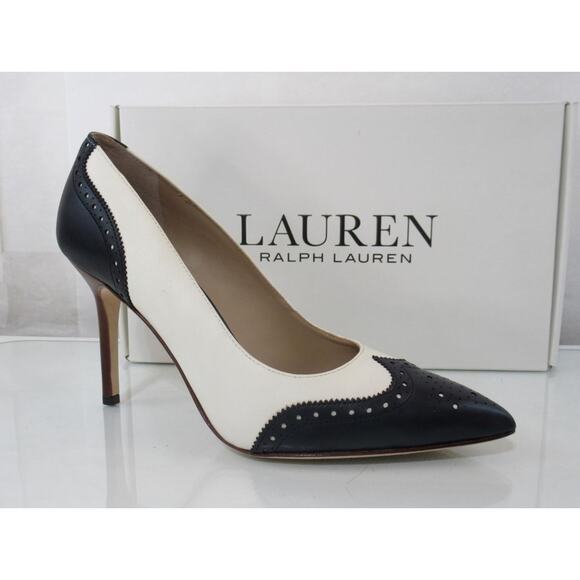 Ralph Lauren Size 7 Lynden Perforated Leather Stiletto Pumps Vanilla / Navy